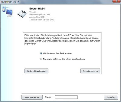 Datenübernahme von der Beurer BG64 ins Diabetes-Tagebuch Datenübernahme von der IBeurer BG64 ins Diabetes-Tagebuch