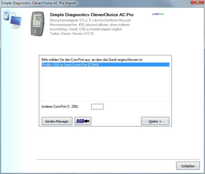 Datenübernahme vom Simple Diagnostics CleverChoice AC Pro ins Diabetes-Tagebuch